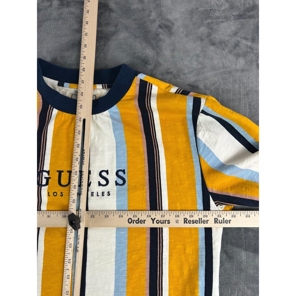 Vintage GUESS Originals Striped T-Shirt Mens Small‎ Yellow Blue White Spell out - Picture 5 of 8